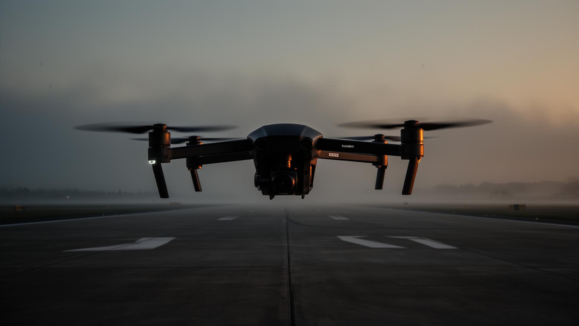 Aeronave no tripulada en operación al amanecer sobre pista de aproximación