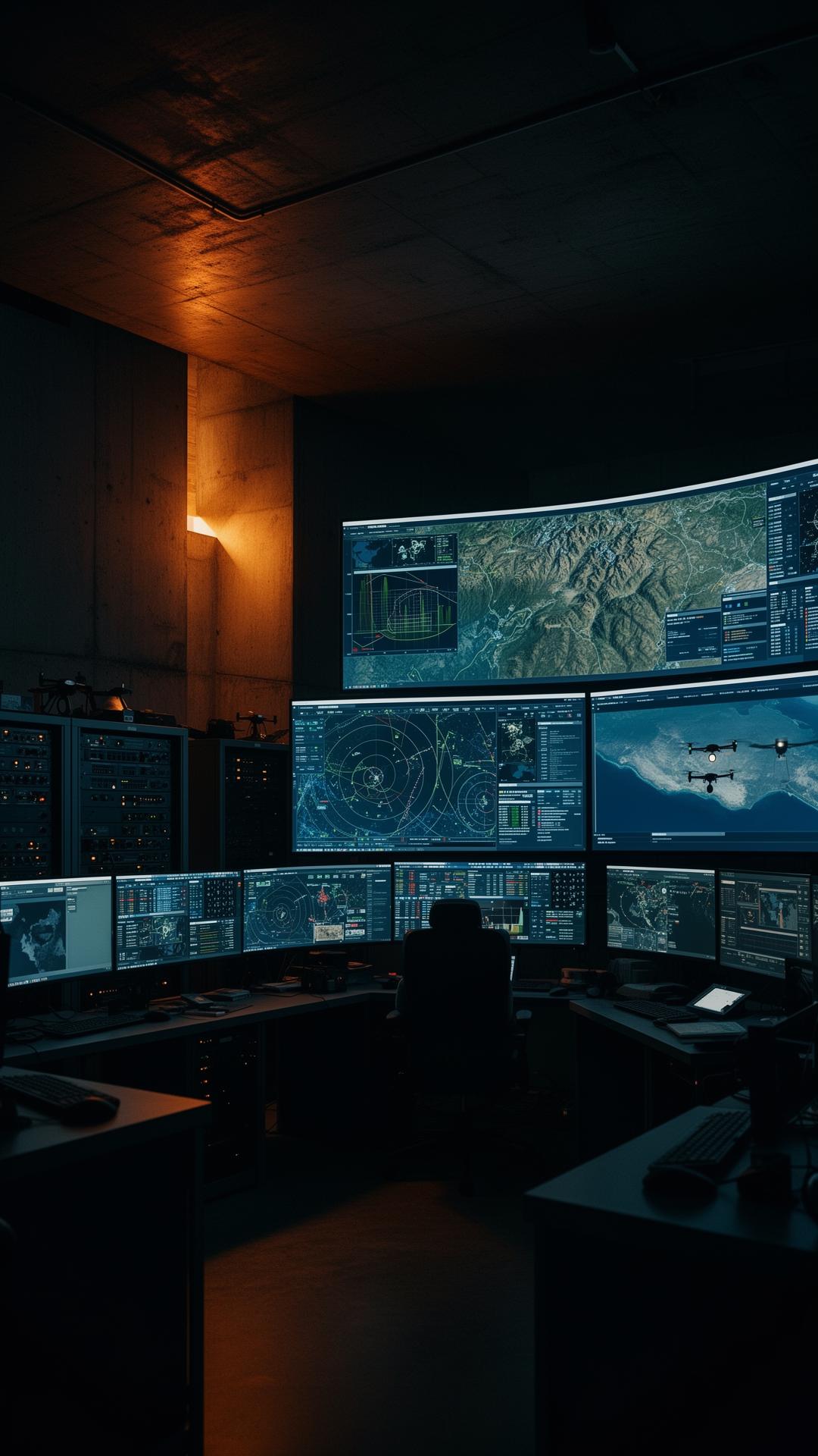 Centro de operaciones técnicas con monitorización de telemetría y mapas tácticos